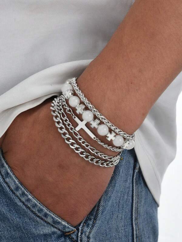 Set de 5 pulseras con cadena de cruz de estilo punk simple, accesorio casual unisex para vacaciones, citas, uso diario, fiestas, regalo para papá, amigo