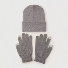 2pcs Set Candy Color Men Solid Knit Beanie Hat And Two-Finger Touchscreen Gloves, Warm And Versatile For Autumn/Winter Daily Wear And Outdoor Winter Warm