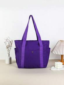 1 pieza Bolso de lona de gran capacidad, bolso de hombro con múltiples bolsillos, adecuado para la escuela, el trabajo, los viajes, las compras, diseño portátil con portavasos, bolso para ir y venir - Negro - Ver 10
