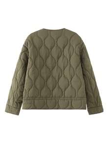 女式绿色绗缝夹棉夹克宽松休闲拉链圆领带口袋外套秋冬 - 軍綠色 - 查看 4