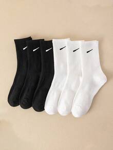 6 Pairs Black & White Mid-Calf Socks, Simple & Comfortable Breathable Sports Crew Socks, Unisex Design For Teens & Adults, Versatile Casual Socks, Suitable For All Seasons - Multicolor - View 4