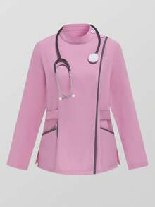 بدلة عمل ذات أكمام طويلة وياقة، متعددة الجيوب، موضة للتنقل والعمل في صالونات التجميل ومحلات الحيوانات الأليفة، مجموعة خفيفة الوزن بألوان متباينة - وردي - مشاهدة 3