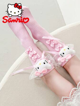  1pc Sanrio Kitty & Melody Cute Long Socks, Pink Cat Embroidery & Bow Accent Design, Thick Sole All,Season Kawaii Socks, Suitable For Girls, Sanrio Character Matching Accessory, Fashionable & Fun, Soft Fabric, Must,Have For Anime Fans, Cozy Socks