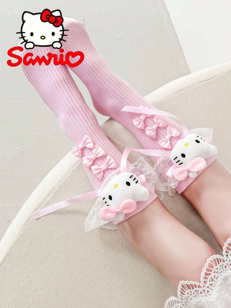 Sanrio 1 Peça Meias Longas Fofas da Sanrio com Kitty & Melody, Design de Bordado de Gato Rosa e Laço, Sola Grossa Adequada para Todas as Estações, Meias Kawaii Adequadas para Meninas, Acessório Combinando com Personagens da Sanrio, Moda e Diversão, Tecido Macio, Imperdível para Fãs de Anime