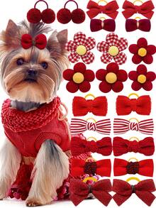 10pcs Red Flower & Bow Pet Headpieces, Suitable For Winter Christmas, New Year, Wedding Themes As Pet Decoration, Fit For Long-Haired Small Dogs & Cats, Elegant & Simple Pet Accessories, Random Style - Multicolor - View 1