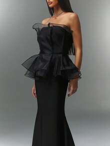 Bernatova 女士优雅无肩带黑色长款鸡尾酒礼服，采用厚实优质绷带面料，性感无袖欧根纱明星晚礼服，适合红毯、婚礼宾客、鸡尾酒会和晚宴等场合。 - 黑色 - 查看 4
