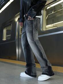 男士拼布微喇叭牛仔裤，紧身破洞喇叭裤，Y2K 叠层水洗刺绣牛仔裤，百搭四季皆宜