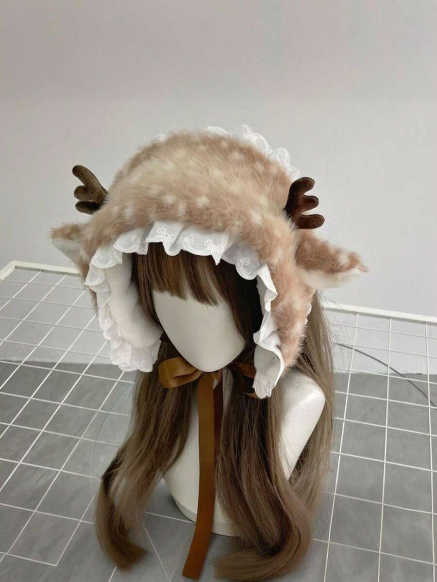 Chapéu de Pelúcia Fofo de Estilo Florestal de 1 Peça para Mulheres, com Chifres Simulados 3D de Alce e Orelhas Adoráveis, Acabamento Delicado de Renda, Boêmio Retrô Vintage Elegante e Moda de Rua, Material de Pele Sintética Macia, Faixa de Proteção para Ouvidos Grossa e Quente para Uso Diário em Casa, Lazer, Casual ao Ar Livre, Outono e Inverno