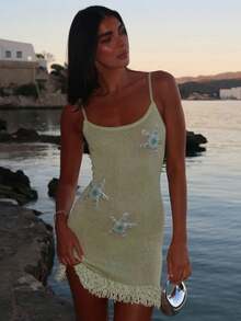 Women Knitted Mini Cami Dress Slim Beaded Starfish Scoop Neck Spaghetti Strap Tassel Hem Bodycon Dress For Daily Travel - 黃色 - 查看 2