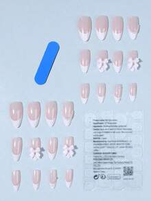 24pcs Oval Pink Bow Pearl Design White French Acrylic Short Press-On Nails Set, Includes: 1pc Jelly Gel And 1pc Nail File, French Manicure, Suitable For Women And Girls Daily Wear And Party, Nail Art Supplies - Nhiều màu - Xem 8