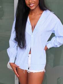 Steph T Striped Drop Shoulder Shirt,Long Sleeve Tops,Fall Clothes Preppy Tops - Blue - View 6