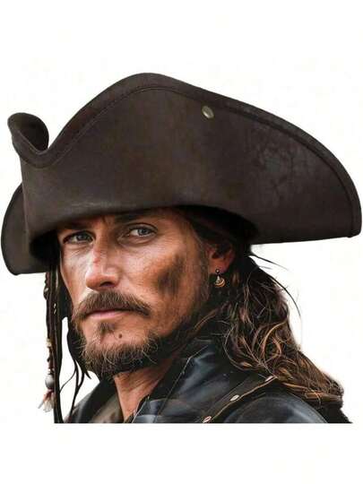 Skeleteen Faux Leather Pirate Hat - Brown Black Distressed Leather Colonial Style Tricorn Hat Halloween Party Supplies