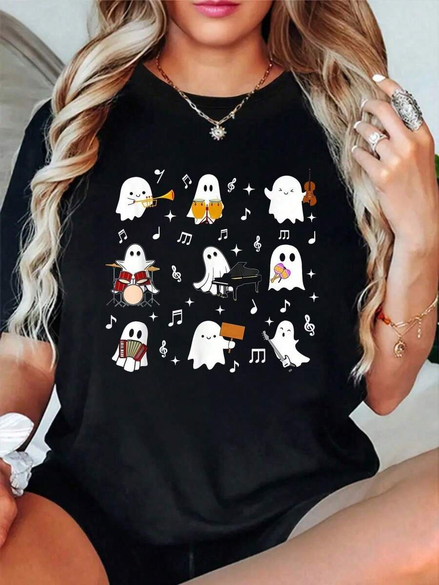 Playera Negra de Halloween para mujer estampada "Fantasmas Musicales en Concierto Espeluznante" - Negro - Ver 1