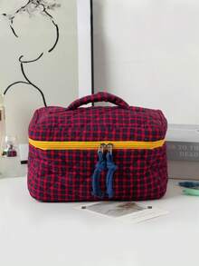 柔软格纹撞色拉链化妆包：轻便易携，多功能旅行收纳包，时尚女士配饰。大学、度假旅行必备，女士化妆品收纳旅行包。化妆包、化妆袋、化妆品收纳包、化妆盒、包、梳妆台、化妆袋、小型化妆包、化妆袋、圣诞礼物、小包、手拿包/手提包、化妆品收纳袋、小包、刷具收纳包、迷你包、大容量包、圣诞礼物、推荐女士礼物 - 彩色 - 查看 14