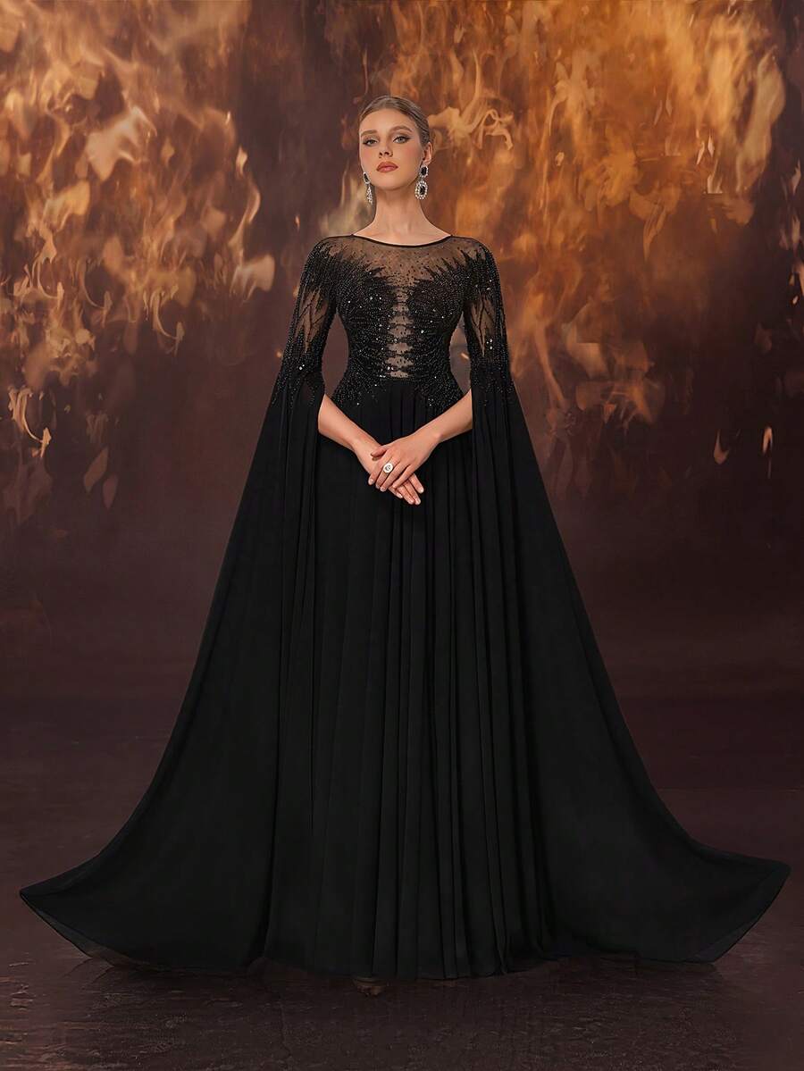 DELLA COUTURE 黑色圆领晚礼服，饰以闪亮珠饰，是派对、舞会、婚礼和其他正式场合的理想之选。喇叭裙摆长款鸡尾酒礼服，春季派对必备。 - 黑色 - 查看 1
