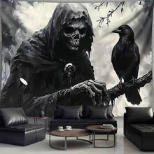 1 pièce Grande taille Impression numérique de tapisserie avec crâne sombre et corbeau, tissu d'impression esthétique en polyester, décoration murale pour salon, chambre, bureau, maison, fête