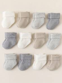 12 Paar Unisex Baby Baumwoll Basis Dicke Warme Frottee Socken in beige/weiß/grau/erdbraunen Farbtönen - Verschiedenfarbig - Übersicht 11