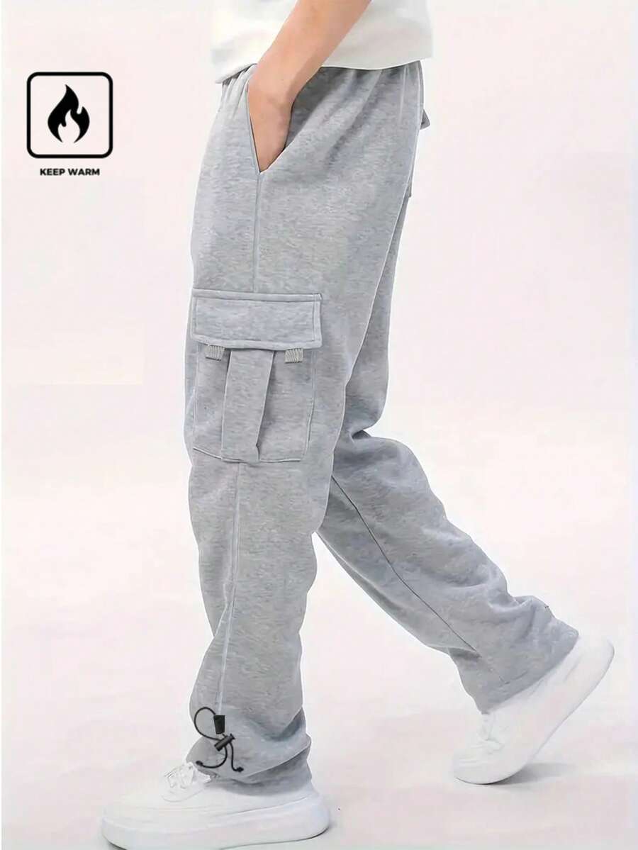 Men's Casual Slim Fit Straight Leg Pants, Thermal Lined Warm Trousers For Autumn/Winter - Grey - View 1