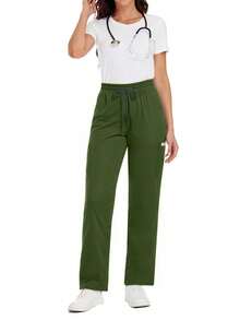 Women's Scrub Pants, Comfortable Pants, Solid Color Simple Multi-Pocket Contrast Tape Loose Pants - Green - View 1