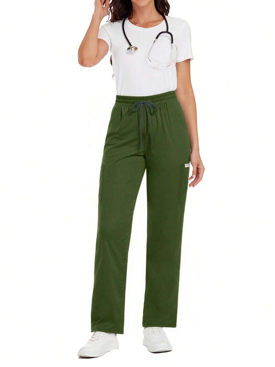 Women's Scrub Pants, Comfortable Pants, Solid Color Simple Multi-Pocket Contrast Tape Loose Pants - Green - View 1