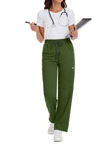 Women's Scrub Pants, Comfortable Pants, Solid Color Simple Multi-Pocket Contrast Tape Loose Pants - Green - View 5