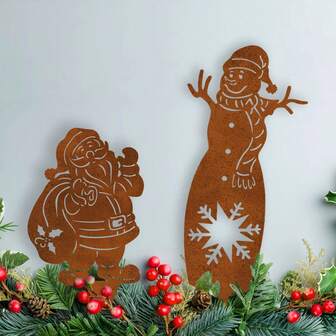 1/2pcs Vintage Metal Lawn And Garden Christmas Decoration Set - Santa Claus And Snowman Outdoor/Indoor Yard Decor With Rustic Farmhouse Style, Heavy Duty Metal Structure, Easy To Install With Stakes, No Battery Or Power Needed - Snowman And Santa Claus Statues For Holiday Decoration, Christmas And New Year Celebration, Farmhouse, Garden Or Front Yard Set, Metal With Rustic Finish