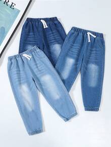 3pcs/Set Boys' Elastic Waist Casual Jeans, Children Spring/Autumn Streetwear Drawstring Pants - Multicolor - View 1