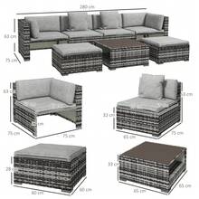 Outsunny 7 Pieces PE Rattan Garden Sofa Set Patio Furniture Set With Glass Table, Stools, Cushions, Pillows, For Outdoor Balcony, Mixed Grey - Grey - View 2