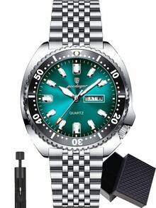 POEDAGAR 1件装时尚男士不锈钢防水夜光石英表，带旋转表圈，奢华双日期显示，商务男士腕表，适合工作场合，男士礼品 - 銀色 - 查看 17