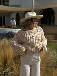 GDDYIN Women's Solid Color Ribbed Pocket Button Casual Daily Thick Knit Jacket, Autumn - Beige - View 2