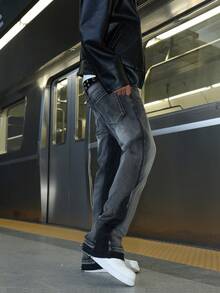 男士拼布微喇叭牛仔裤，紧身破洞喇叭裤，Y2K 叠层水洗刺绣牛仔裤，百搭四季皆宜