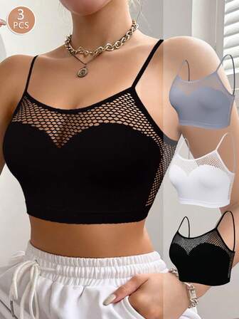 3pcs Seamless Adjustable Strap Bras, Hollow Out Breathable Wireless Bras For Women