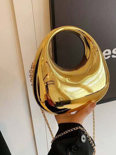 1pc New Arrival Golden Acrylic Clutch Bag,Fashionable Personalized Handbag For Evening Party With Light Silver Color Moon Shaped Glittering Surface,Detachable Metallic Chain Strap For Crossbody Wearing, Gift For Fashionable Ladies,Futuristic Metallic-Colored Purse, Funky, Punk & Bag For Street Wear