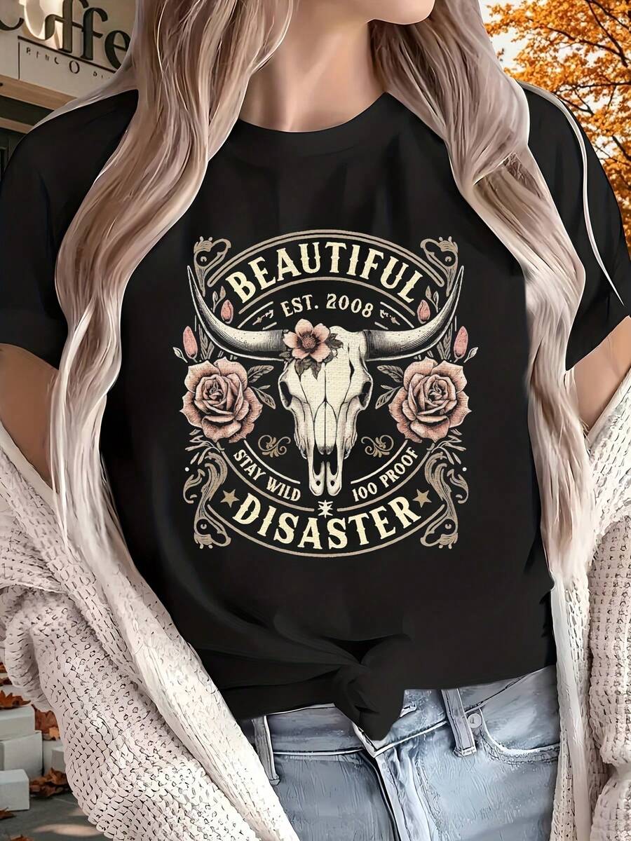 Women's T-Shirt With Cow Skull And Rose Floral Print Beautiful Disaster Vintage Design - Casual Wear For Everyday, Date Night, Or Festival Outfits 220g - 黑色 - 查看 1