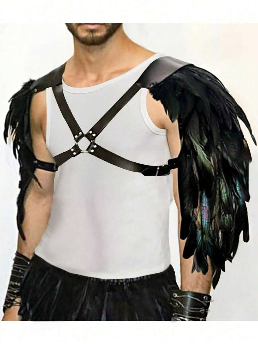 1pc Men's Black Feather Epaulet Leather Chest Strap Vintage Medieval Feather Leather Shoulder Armor Viking Chest Harness, Halloween Costume, Cross-Border Hot Seller