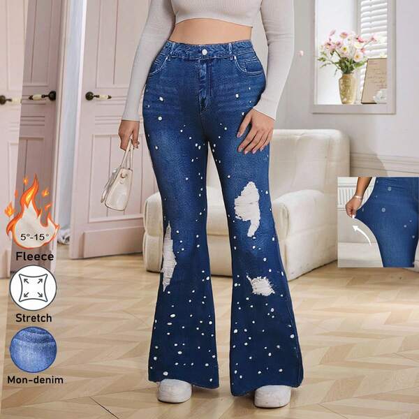 Plus Size Winter Flared Pants With Beaded Embellishment, Fashionable High Waist Skinny Fit Warm & Comfortable Thermal Lined Stretch Waist Trousers