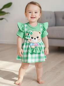 Baby Girl Summer Clothes Bear Short Sleeve Romper Dress Plaid One-Piece Bodysuit With Headband Infant Girl Outfit - màu xanh lá - Xem 3