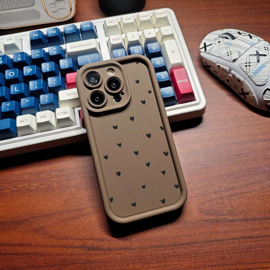 1pc Minimalist Black Heart Pattern Phone Case, Matte Brown Lens Frame Stepped Design Shockproof Soft Shell, Compatible With Apple/Redmi/Infinix/NOTE/VIO/OPPO/Honor/ Phones