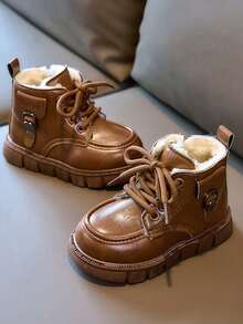 1 Pasang Sepatu Bot Anak-Anak Kulit PU dengan Resleting Samping dan Lapisan Termal, Cocok untuk Musim Dingin - Coklat - View 4