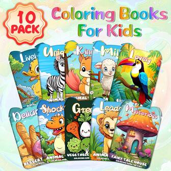 10 Pack Kids Cartoon Coloring Books Set - Educational Art Activity For Boys & Girls Ages 3+ - Features Animal World, Vegetable World, Fairy Tale House & Desserts World - 120 Pages Of Fun & Creativity - Perfect Birthday, Christmas & Halloween Gift - Multi-Combination Choices Available