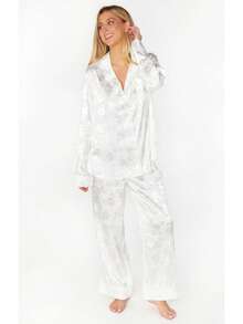 Women's Satin Floral Jacquard Pajama Set - Button-Down Top  Wide Leg Pants  Luxury Elegant Loungewear - trắng - Xem 2