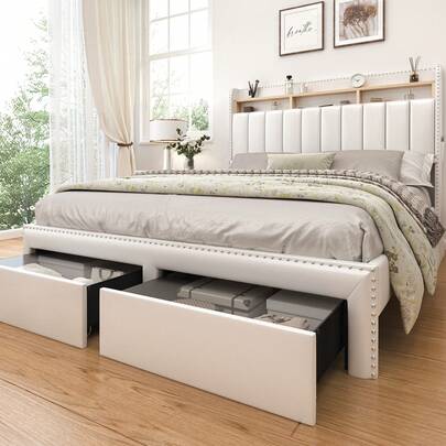SIBEDS Queen LED Bed Frame With 2 Drawers, Modern Platform Twin Beds With 2 Tier Upholstered Storage Wingback Headboard, Channel Tufted Queen Size Bedframe With Rivet Decor, Full Storage Bed, No Box Spring Needed, PU Leather White