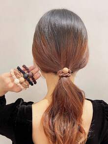 5pcs Coffee-Colored Thick Knitted Pom Pom Elastic Hair Ties, Casual & Versatile, Suitable For Autumn/Winter ,Ponytail Holders ,Hair Elastics ,Hair Rubber Bands ,Scrunchies ,Hair Rope ,Makeup