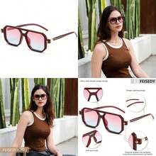 FEISEDY Vintage Square 70s Flat Aviator  Women Men Classic Retro Stylish Frame   B2622(025 Dark Red Frame & Pink Blue Lens 52 Millimeters) - Loại 12 - Xem 1