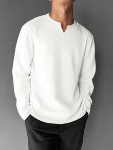 男士长袖竖条纹套头T恤，压纹效果，低调品质，优雅复古风格 - 白色 - 查看 3