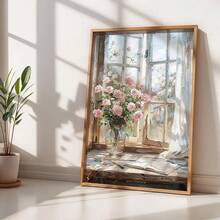 1 pièce Peinture sur canevas suspendue, peinture décorative montée, affiche, peinture murale, peinture à l'huile de rose rose et de rebord de fenêtre, décoration de chambre de fille, peinture murale de fleurs de printemps, décoration de salon esthétique, peinture de fleurs roses, décoration d'arrangement de plantes, décoration de thème de printemps, décoration de maison de printemps. Art mural sur canevas, art de fille funky, art de citation inspirante, décoration intérieure.