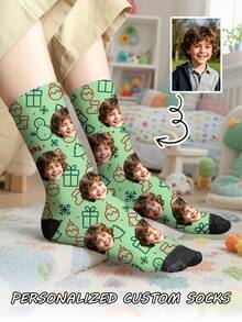 1 Pair Of Christmas Design Customized Face Boy's Front Printed Mid Tube Socks, Couple Socks, Personalized Photo Matching, Funny Couple Socks, Comfortable And Breathable, Creative Cartoon Design, Perfect Holiday, Birthday, Valentine's Day Gifts, Funny, Crazy, Anime, Multi-Color Socks