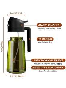 Spruzzatore per olio scuro con blocco della luce da 470 ml, ideale per la cottura, dispenser per olio d'oliva da cucina 2 in 1, bottiglia in vetro verde scuro di alta qualità, spruzzatore per olio, dispenser per olio da cucina, bottiglia spray, accessorio essenziale per barbecue, accessori moderni da cucina, accessori da cucina durevoli, adatto per friggitrici ad aria, barbecue