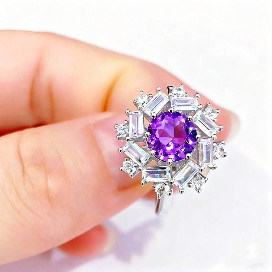 925 Silver Purple Crystal Snowflake Shaped Open Ring, Surrounded By Multi-Cut Diamonds, Luxurious And Elegant, Suitable For Weddings, Banquets, Dates, Concerts, Parties And Other Occasions