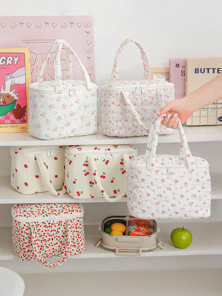 1Pc Cherry &Strawberry Floral Pattern Girls Lunch Bag ,Large Capacity Portable Inner Aluminum Foil Insulation Zipper Semi-Closed Lunch Box Bag Work Commute With Lunch Handbag Back To School Lunch Kit School Stuff For School Lunch Box Bag Home Essentials Back To School Portable Lunch Bag Thermal Insulated Lunch Box Bento Pouch Dinner Insulation Bag Cooler Bag Waterproof For Women For Men For Picnic Gifts For Women - Multicolor - View 1